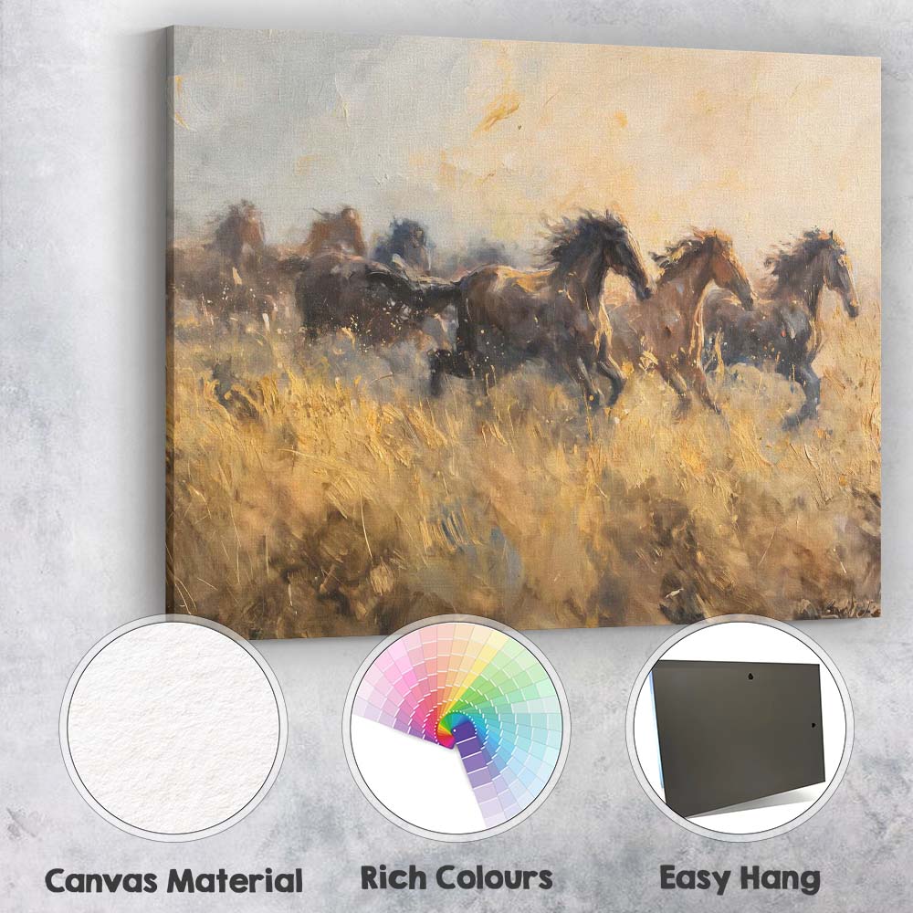 Galloping Wild Horses Through Golden Grassland Expressive Impressionist Canvas Wall Art Print Decor Picture Ready to Hang