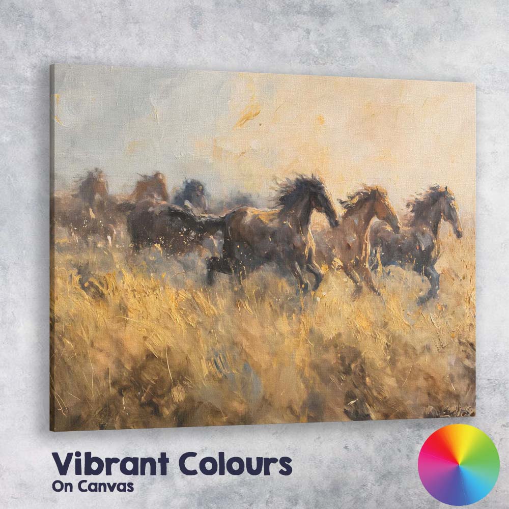 Galloping Wild Horses Through Golden Grassland Expressive Impressionist Canvas Wall Art Print Decor Picture Ready to Hang