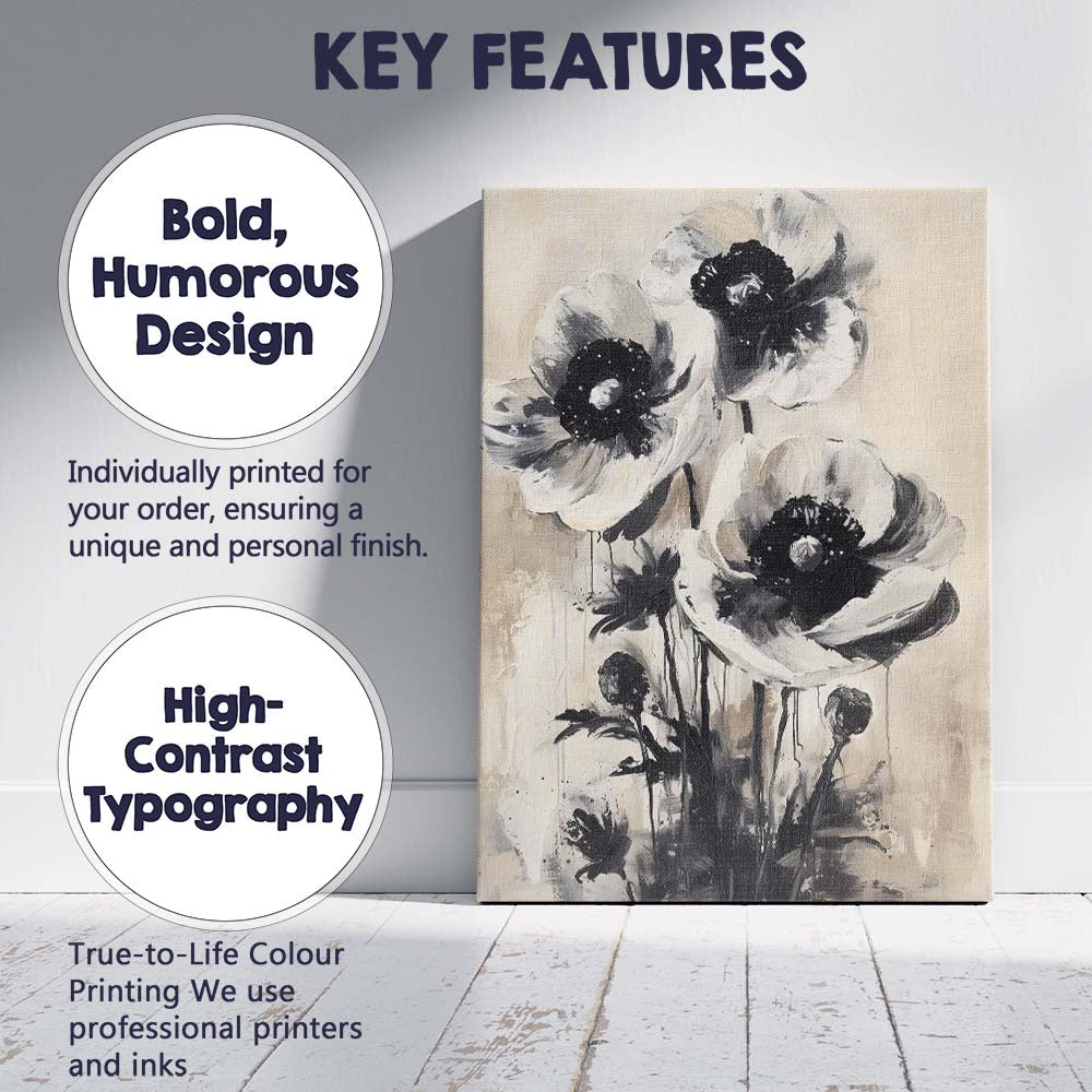 Monochrome Anemone Flower Floral Abstract Painting Canvas Wall Art Print Decor Picture Ready to Hang