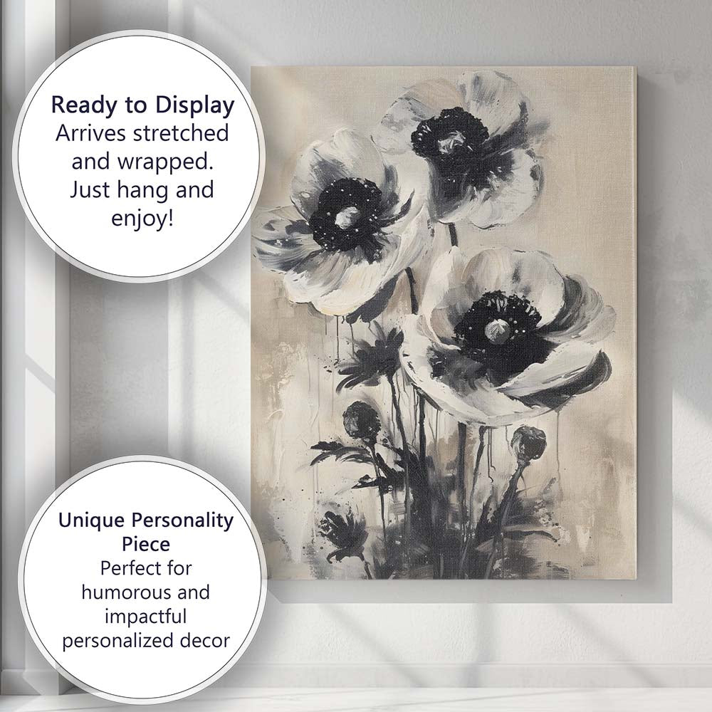 Monochrome Anemone Flower Floral Abstract Painting Canvas Wall Art Print Decor Picture Ready to Hang