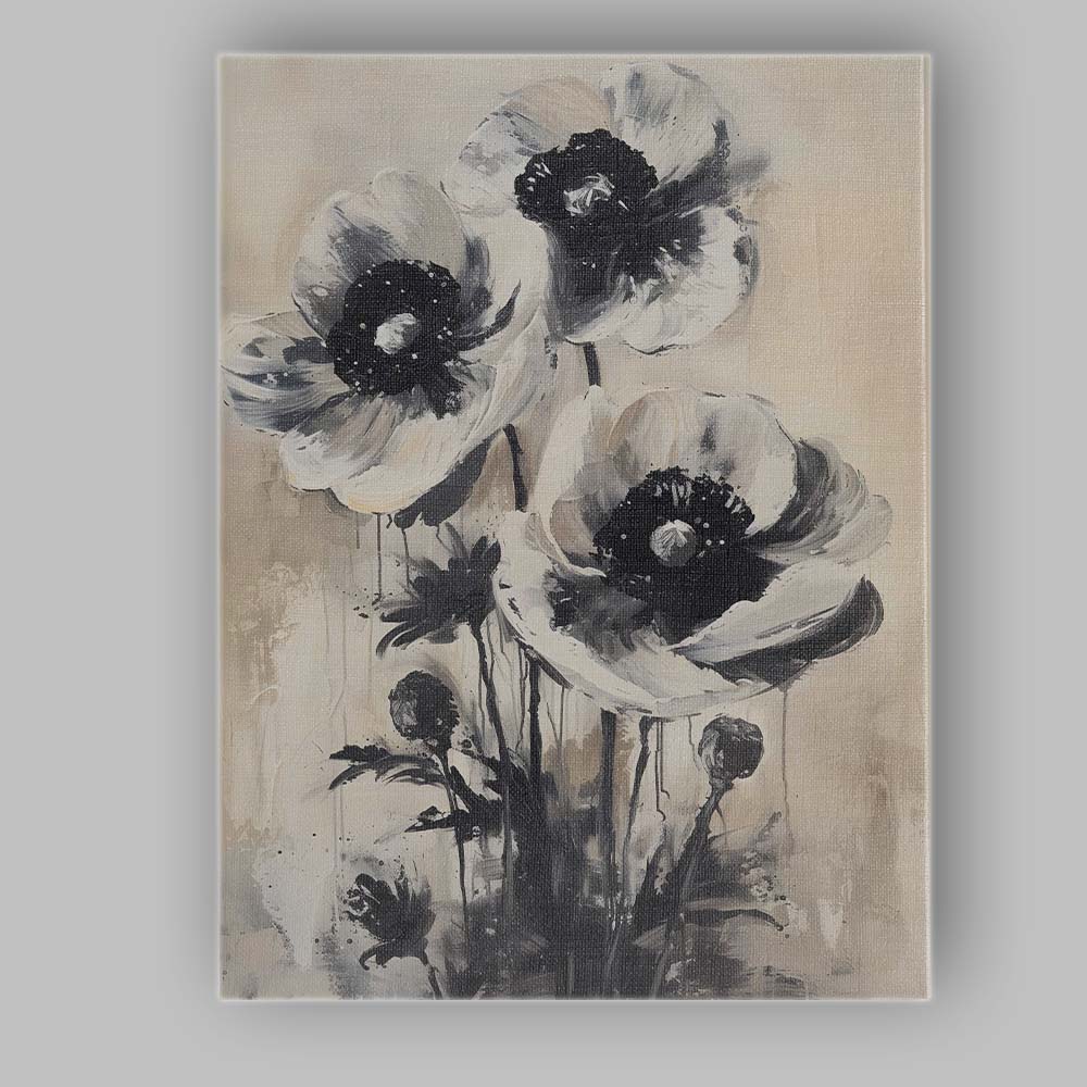 Monochrome Anemone Flower Floral Abstract Painting Canvas Wall Art Print Decor Picture Ready to Hang