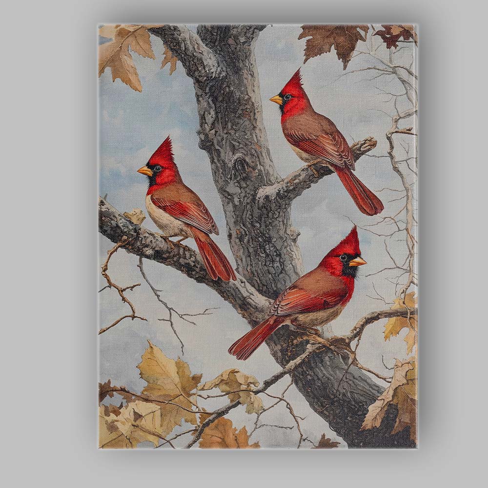 Red Cardinal Birds Woodland Branch Nature Illustration Canvas Wall Art Print Decor Picture Ready to Hang