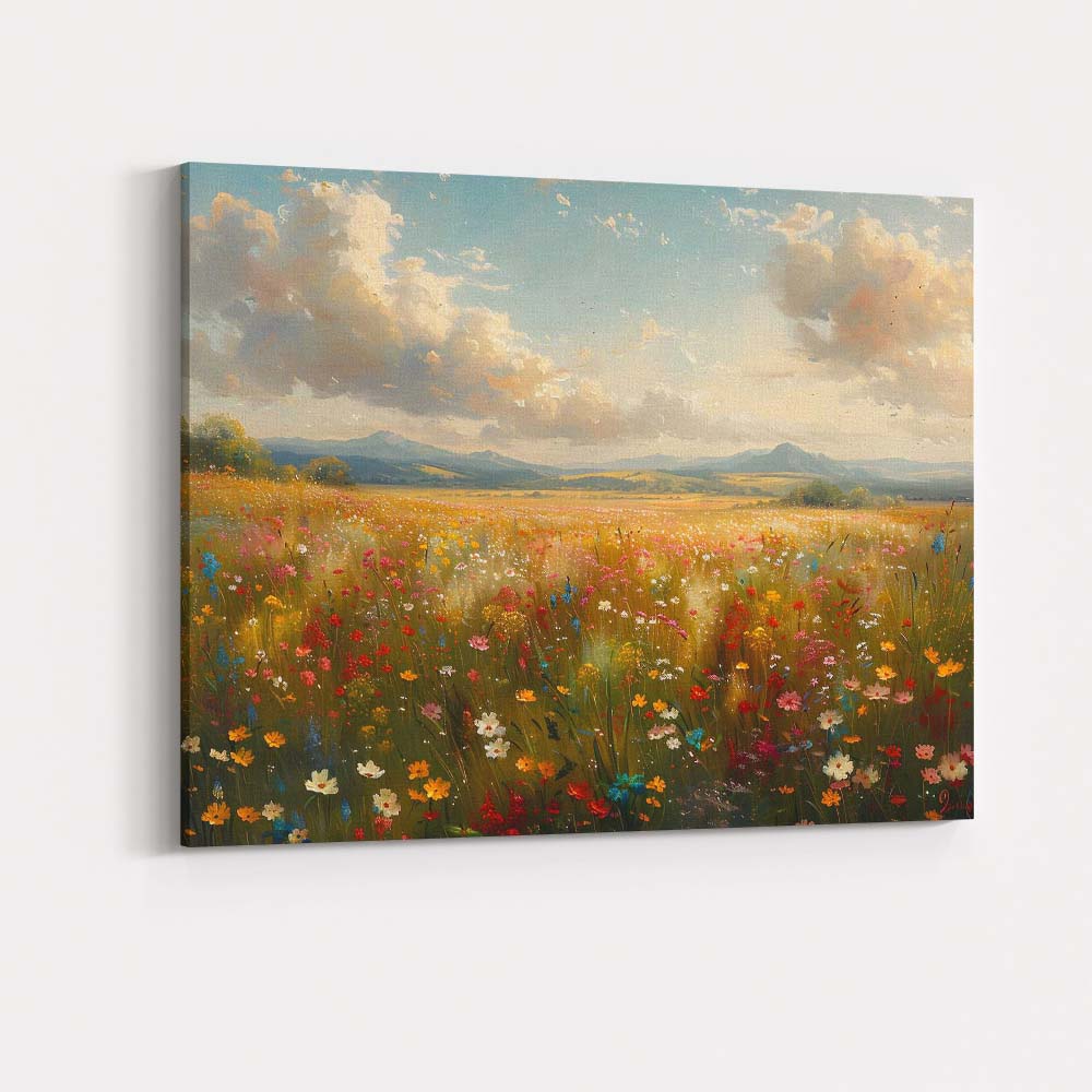Sunlit Wildflower Meadow Mountain Panorama Landscape Canvas Wall Art Print Decor Picture Ready to Hang