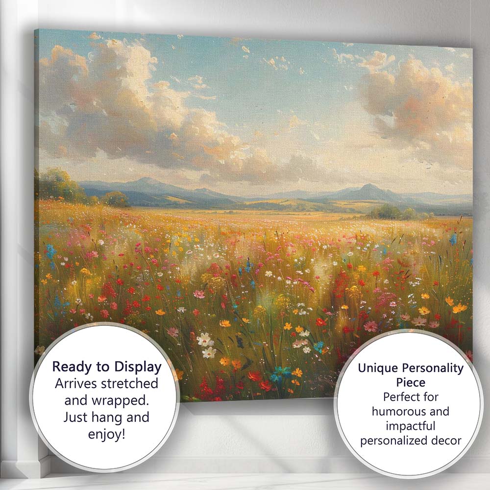 Sunlit Wildflower Meadow Mountain Panorama Landscape Canvas Wall Art Print Decor Picture Ready to Hang