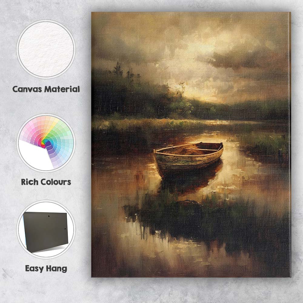 Atmospheric Rowboat Lake Reflection Moody Landscape Canvas Wall Art Print Decor Picture Ready to Hang