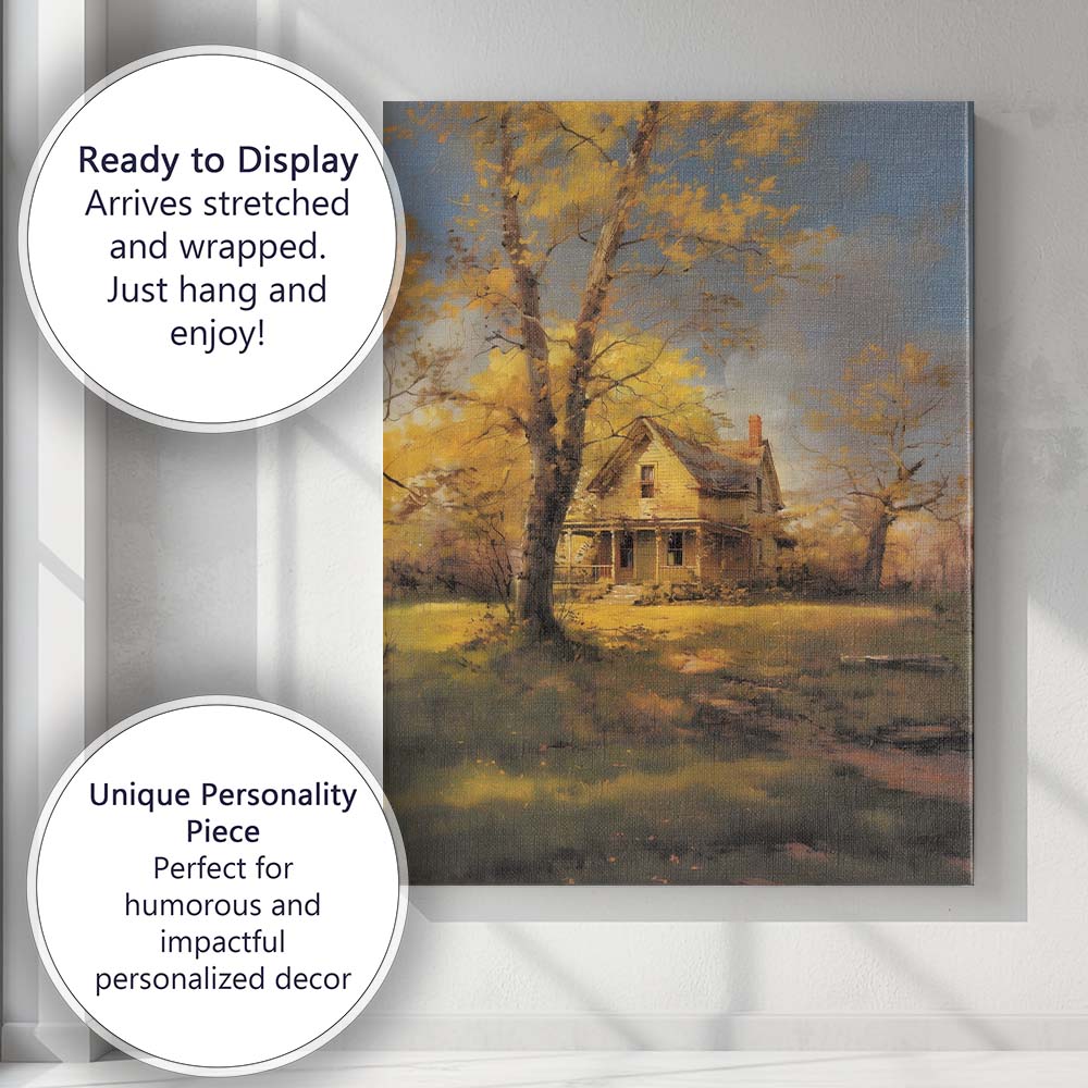 Golden Autumn Tree Farmhouse Landscape Canvas Wall Art Print Decor Picture Ready to Hang