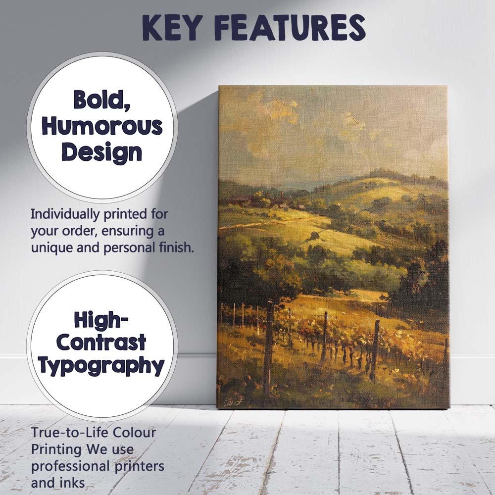 Golden Vineyard Rolling Hills Rural Countryside Landscape Canvas Wall Art Print Decor Picture Ready to Hang