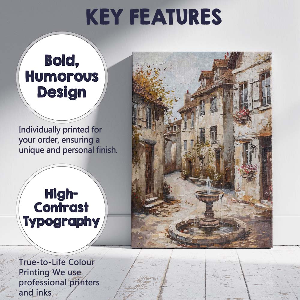 Charming European Village Fountain Street Scene Painting Canvas Wall Art Print Decor Picture Ready to Hang