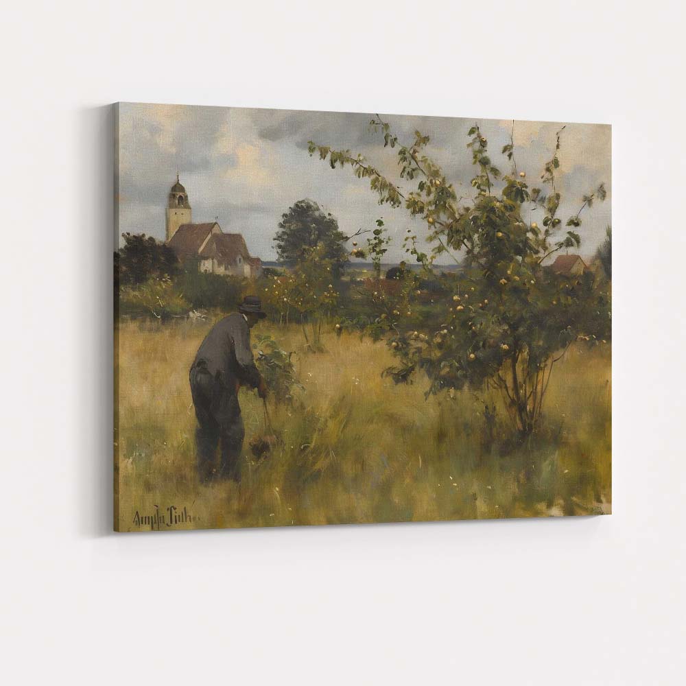 Traditional Orchard Gardener Village Church Countryside Scene Canvas Wall Art Print Decor Picture Ready to Hang