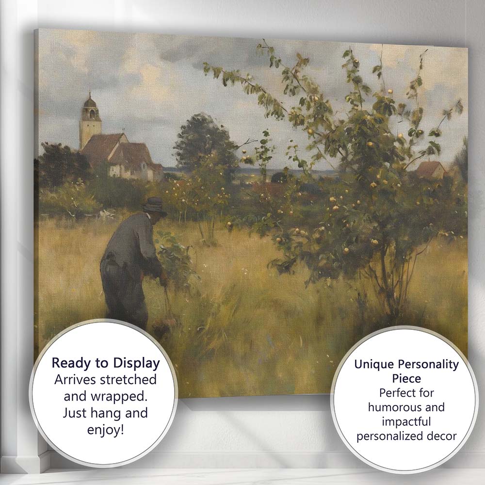 Traditional Orchard Gardener Village Church Countryside Scene Canvas Wall Art Print Decor Picture Ready to Hang