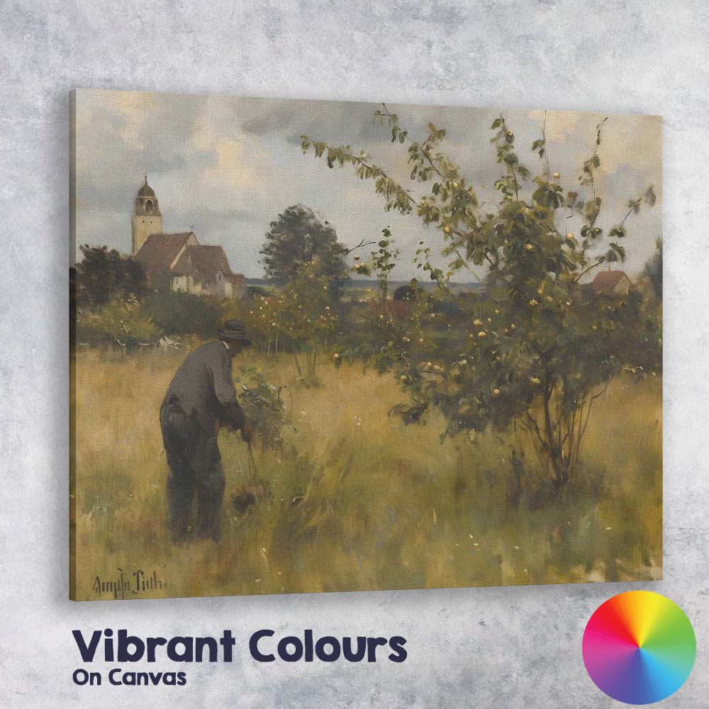 Traditional Orchard Gardener Village Church Countryside Scene Canvas Wall Art Print Decor Picture Ready to Hang