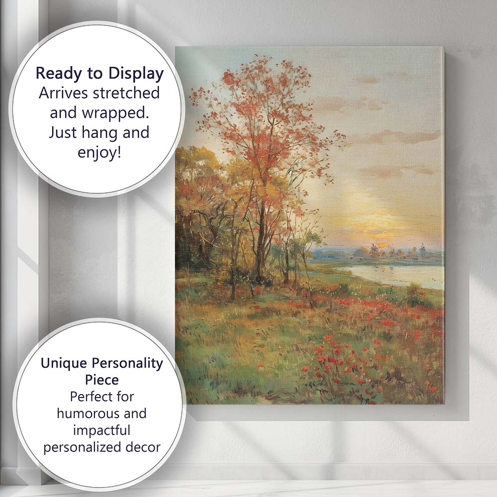 Autumn Lakeside Sunset Red Blossom Tree Landscape Canvas Wall Art Print Decor Picture Ready to Hang