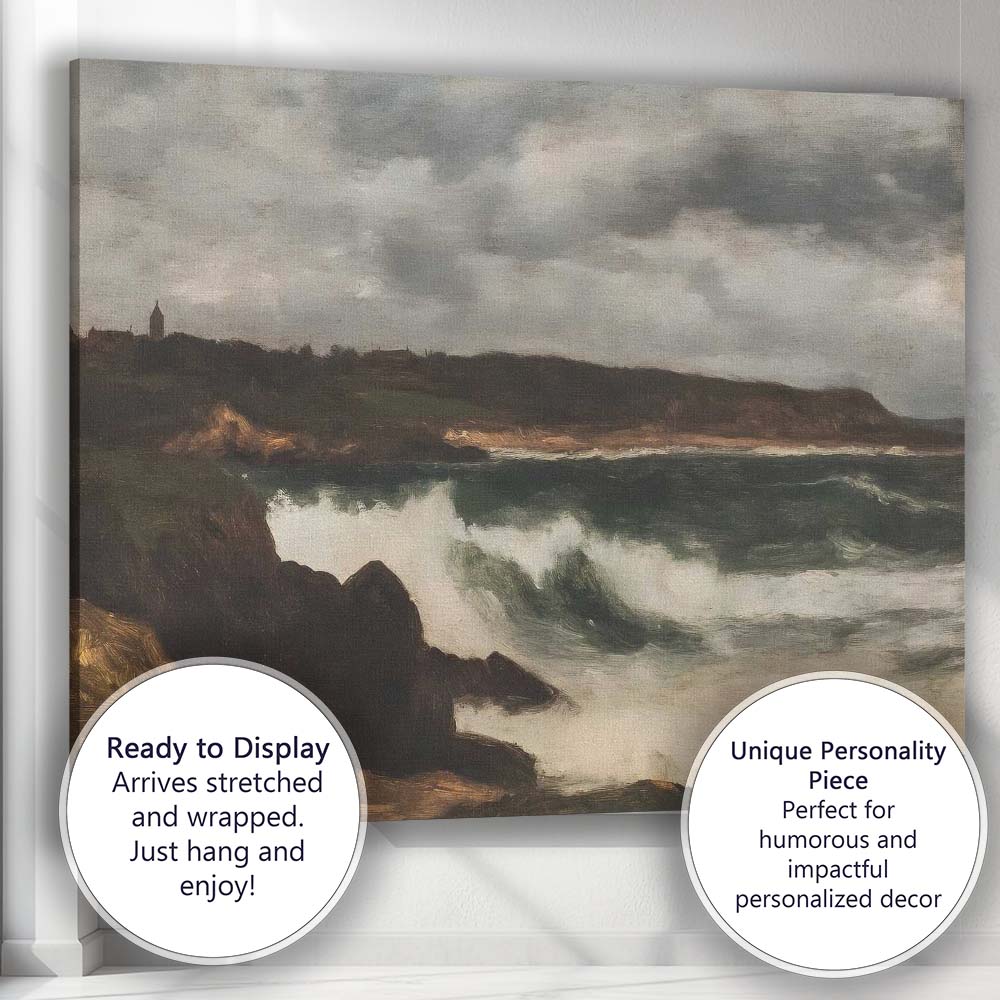 Stormy Coastal Waves Rocky Shore Seascape Oil Painting Canvas Wall Art Print Decor Picture Ready to Hang