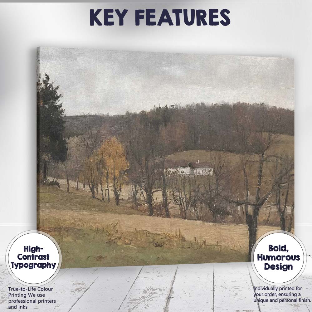 Muted Winter Countryside Farmhouse Landscape Painting Canvas Wall Art Print Decor Picture Ready to Hang