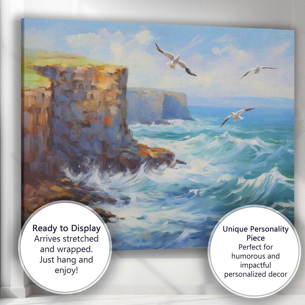Sunny Coastal Cliffs Seagulls Ocean Breeze Seascape Canvas Wall Art Print Decor Picture Ready to Hang
