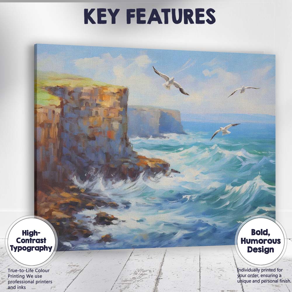 Sunny Coastal Cliffs Seagulls Ocean Breeze Seascape Canvas Wall Art Print Decor Picture Ready to Hang