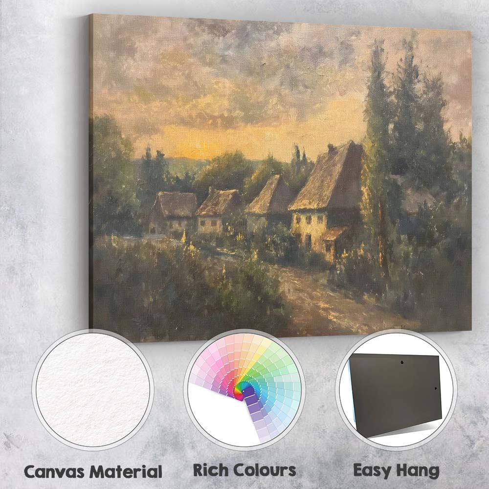 Peaceful Country Village at Sunset Impressionist Landscape Canvas Wall Art Print Decor Picture Ready to Hang
