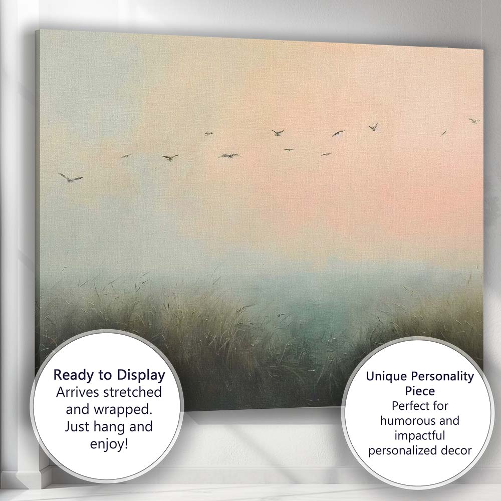Dreamy Misty Meadow Flying Birds Pastel Landscape Canvas Wall Art Print Decor Picture Ready to Hang