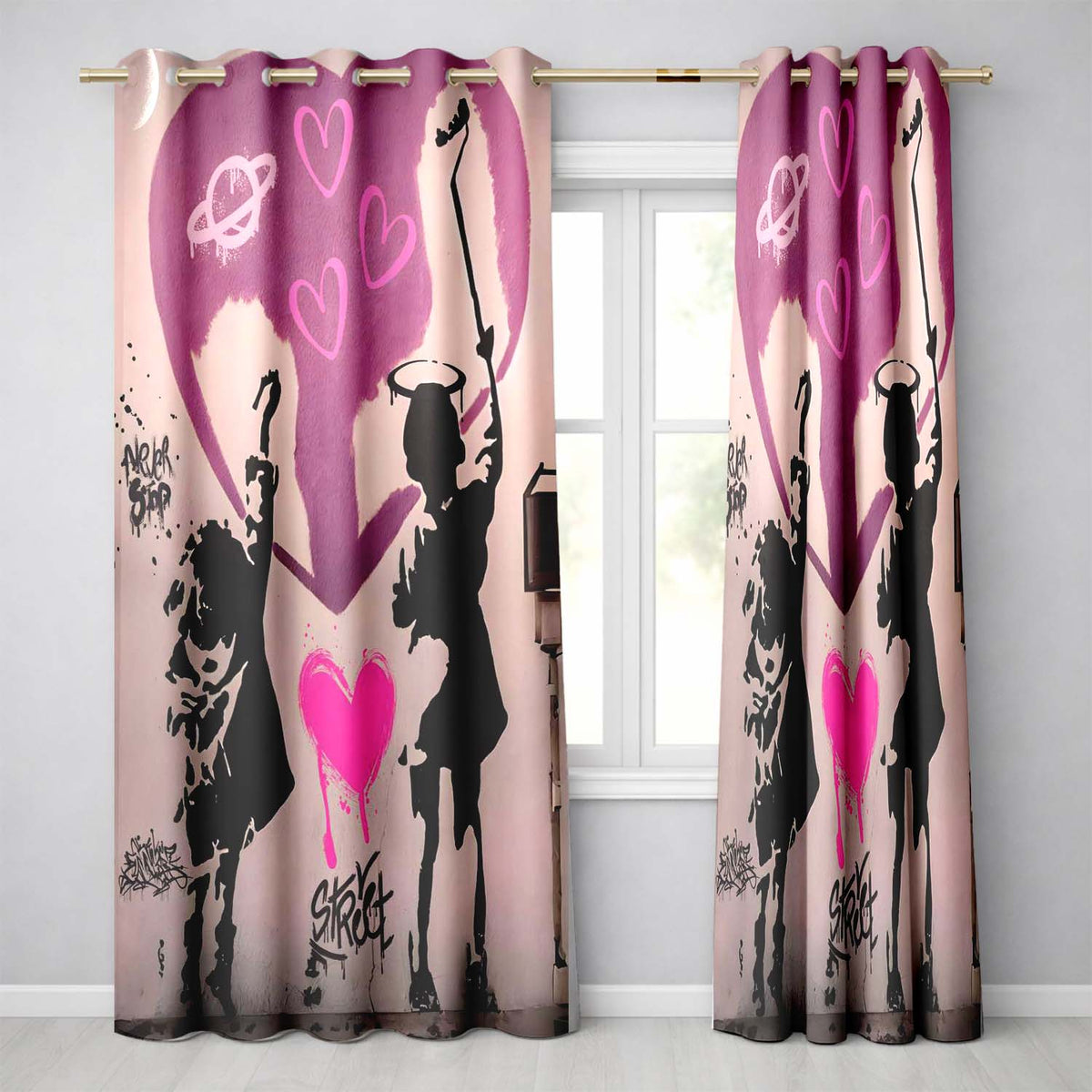 Pink Heart Children Silhouette Urban Graffiti Stylish Bold Artwork for Home Decor Readymade Eyelet Ring Top Thermal 100% Blackout Curtains