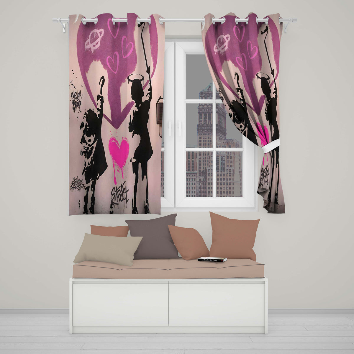 Pink Heart Children Silhouette Urban Graffiti Stylish Bold Artwork for Home Decor Readymade Eyelet Ring Top Thermal 100% Blackout Curtains