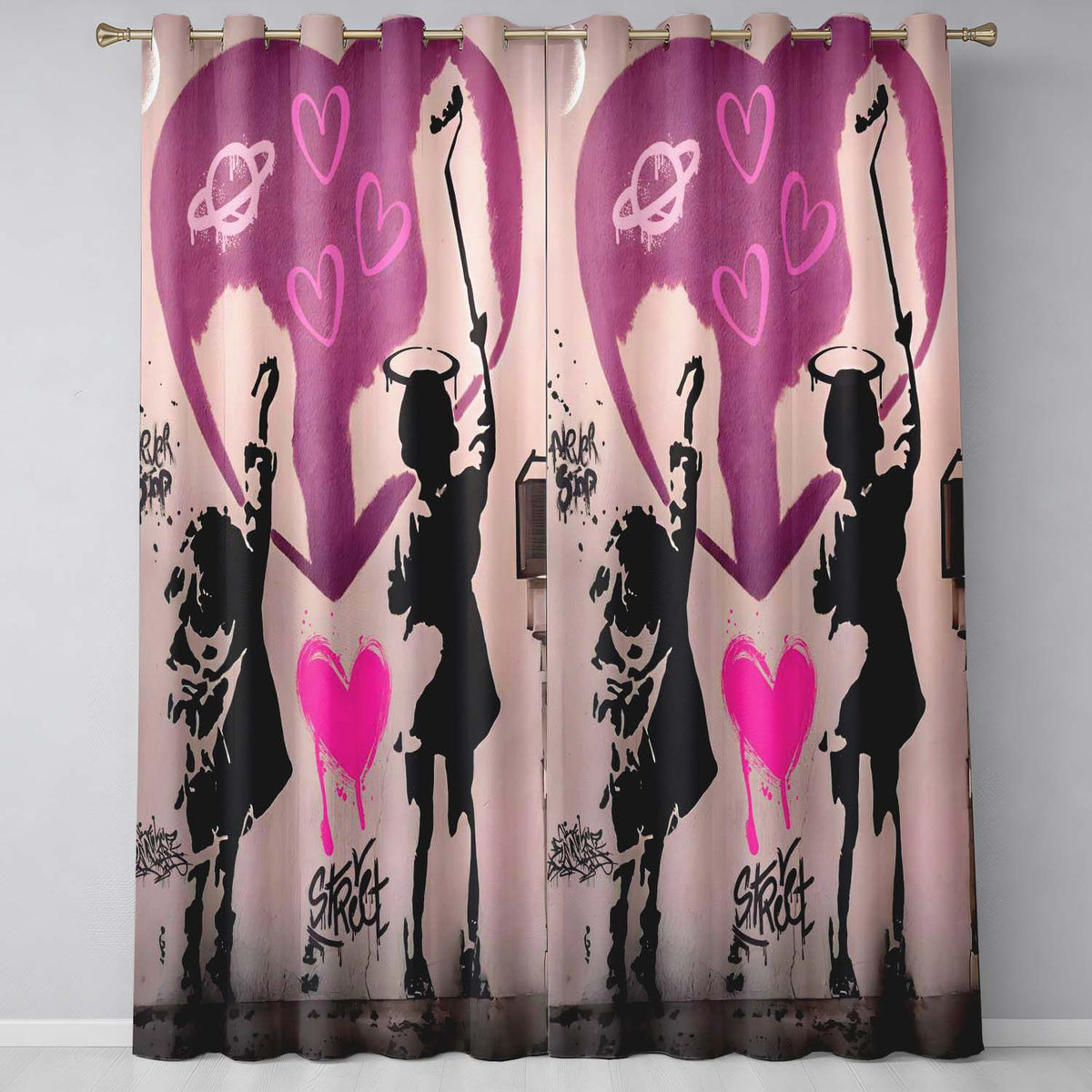 Pink Heart Children Silhouette Urban Graffiti Stylish Bold Artwork for Home Decor Readymade Eyelet Ring Top Thermal 100% Blackout Curtains