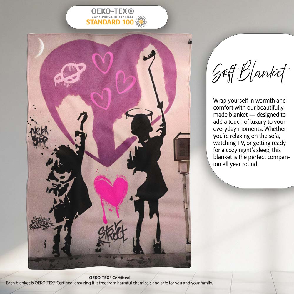 Pink Heart Children Silhouette Urban Graffiti, All Season Comfort, Thoughtful Housewarming Gift - Super Soft Fleece Blanket Bed Sofa Throw