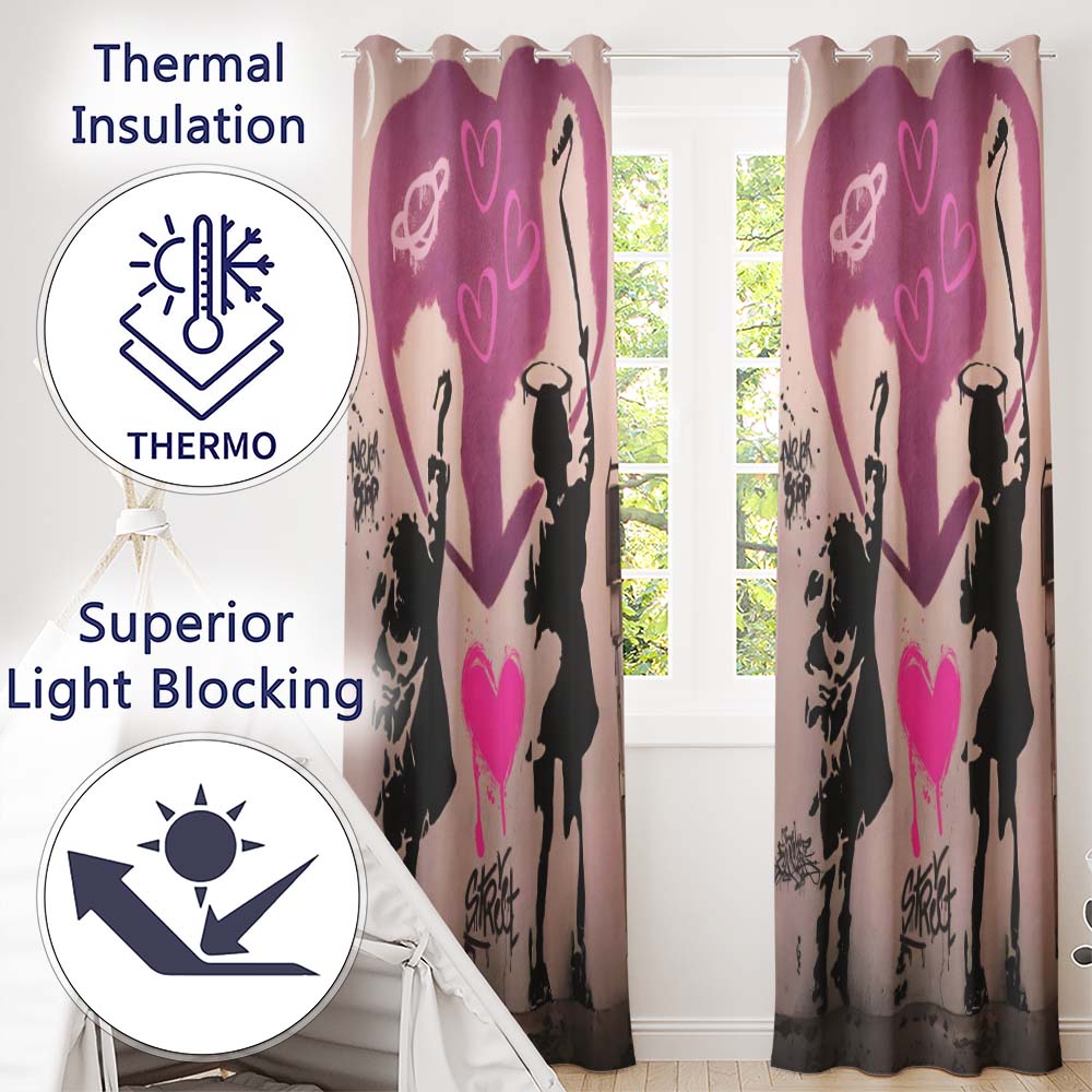 Pink Heart Children Silhouette Urban Graffiti Stylish Bold Artwork for Home Decor Readymade Eyelet Ring Top Thermal 100% Blackout Curtains