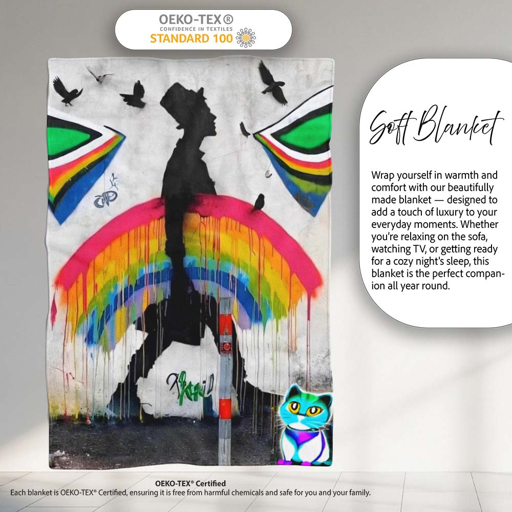 Rainbow Umbrella Woman Birds Colourful Street Art, All Season Comfort, Comfortable Everyday Use - Super Soft Fleece Blanket Bed Sofa Throw