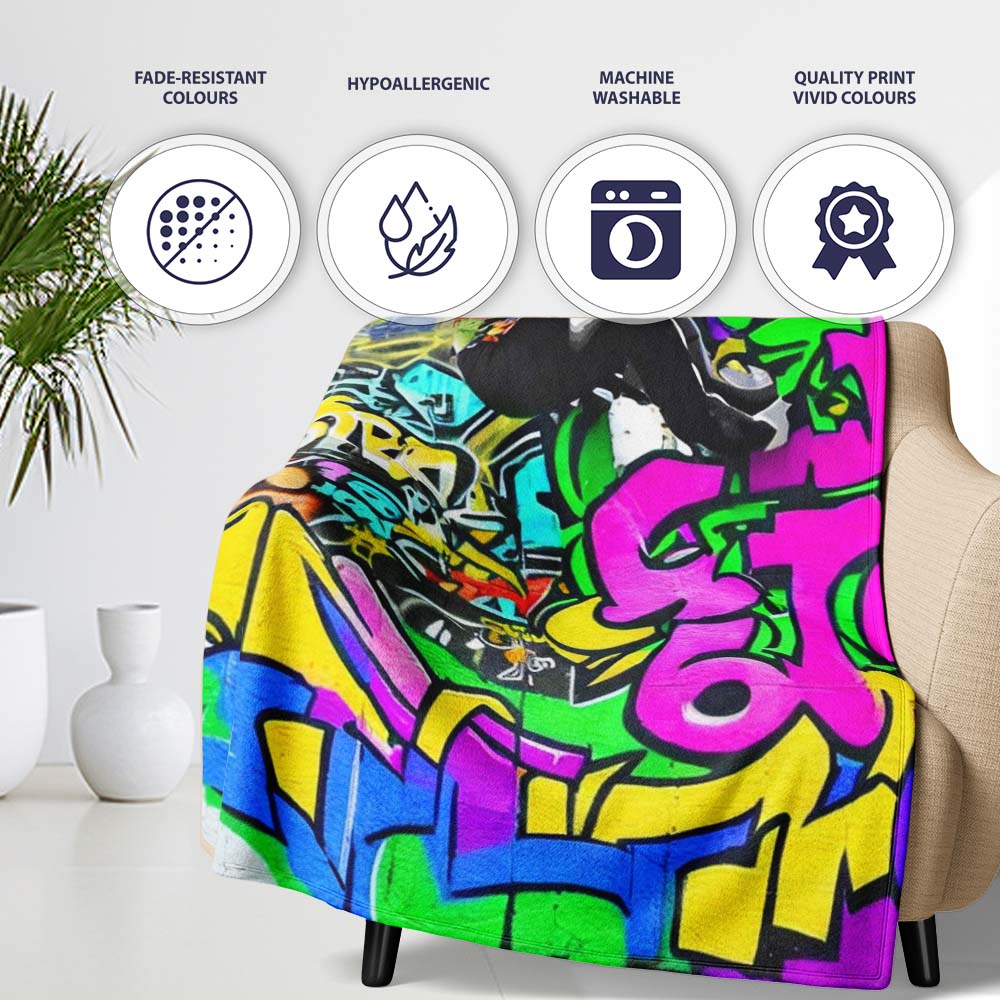 Woman Reading Colourful Graffiti Collage Street Art, All Season Comfort, Modern Interior Accent - Super Soft Fleece Blanket Bed Sofa Throw