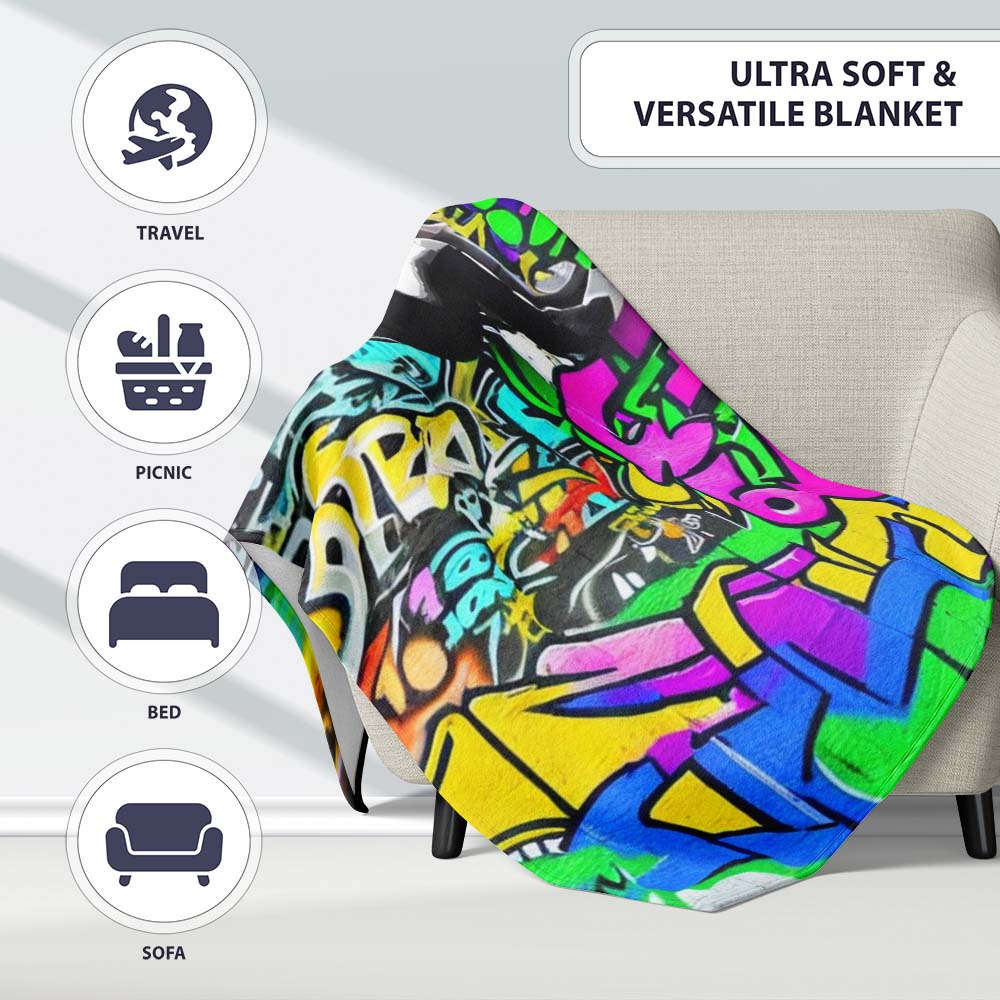 Woman Reading Colourful Graffiti Collage Street Art, All Season Comfort, Modern Interior Accent - Super Soft Fleece Blanket Bed Sofa Throw