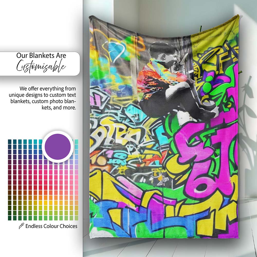 Woman Reading Colourful Graffiti Collage Street Art, All Season Comfort, Modern Interior Accent - Super Soft Fleece Blanket Bed Sofa Throw