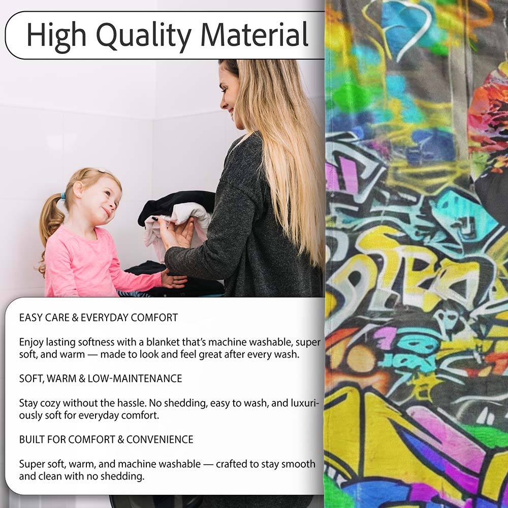 Woman Reading Colourful Graffiti Collage Street Art, All Season Comfort, Modern Interior Accent - Super Soft Fleece Blanket Bed Sofa Throw