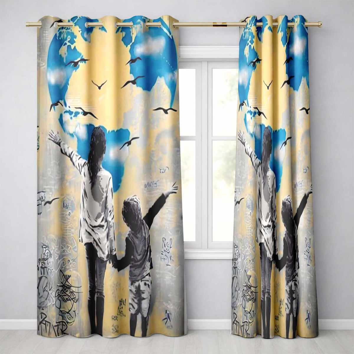 Mother and Child World Map Heart Graffiti Timeless Elegant Artwork for Home Decor Readymade Eyelet Ring Top Thermal 100% Blackout Curtains