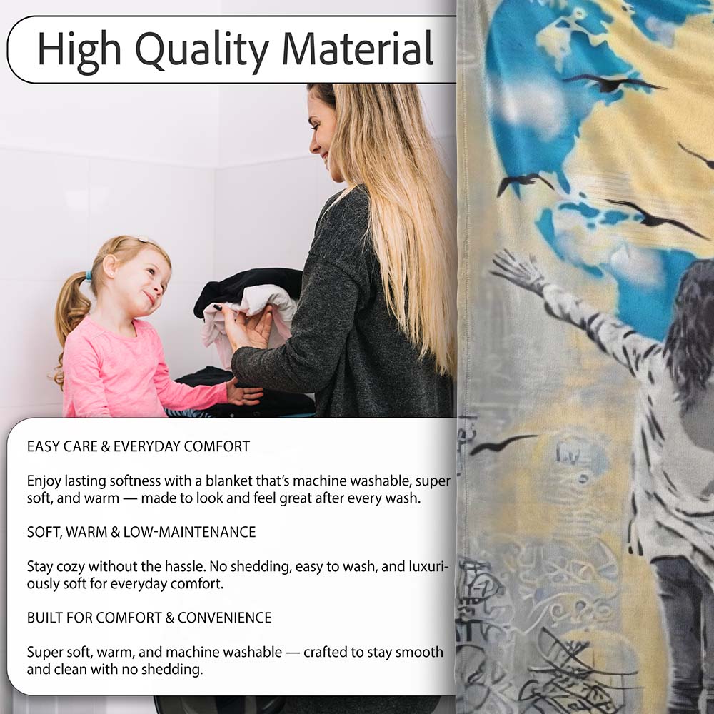 Mother and Child World Map Heart Graffiti, Bedroom Living Room Accent, Comfortable Everyday Use - Super Soft Fleece Blanket Bed Sofa Throw