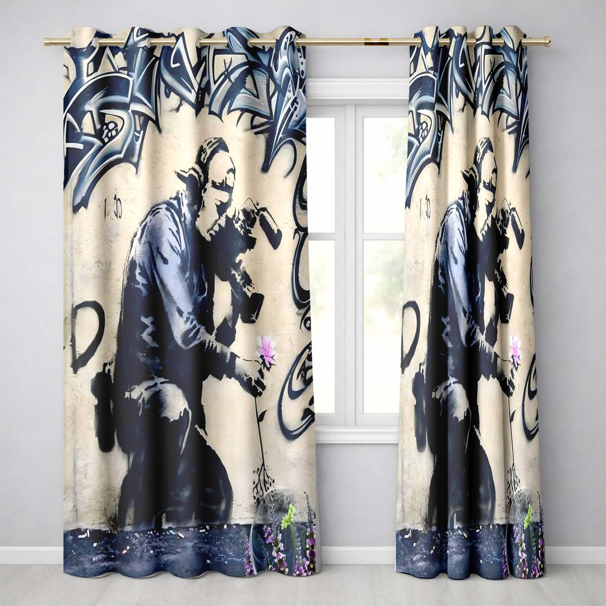Monochrome Urban Photographer Floral Graffiti Bold Stylish Artwork for Home Decor Readymade Eyelet Ring Top Thermal 100% Blackout Curtains