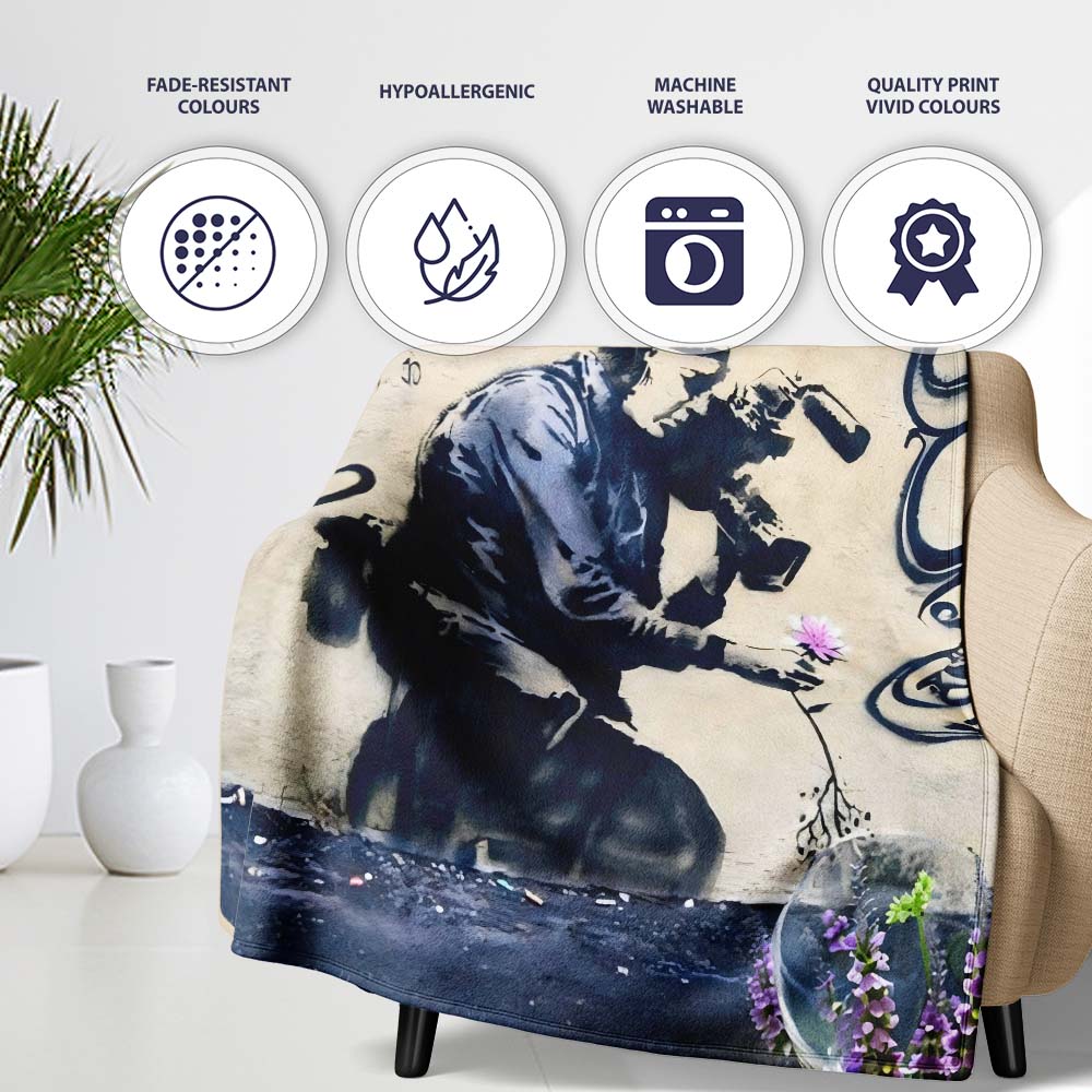 Monochrome Urban Photographer Floral Graffiti, All Season Comfort, Thoughtful Housewarming Gift - Super Soft Fleece Blanket Bed Sofa Throw