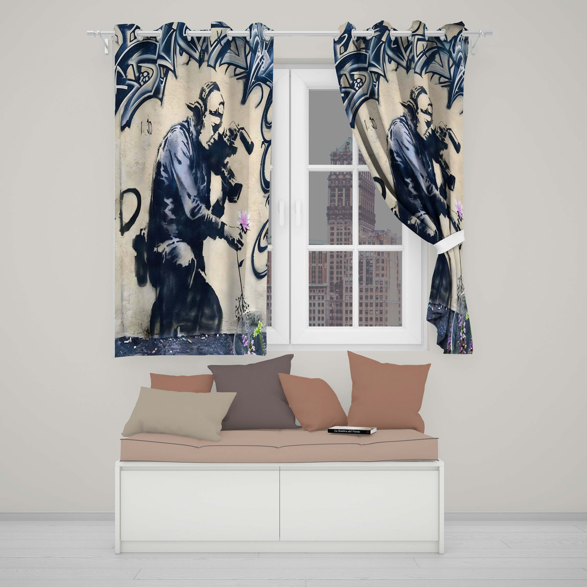 Monochrome Urban Photographer Floral Graffiti Bold Stylish Artwork for Home Decor Readymade Eyelet Ring Top Thermal 100% Blackout Curtains