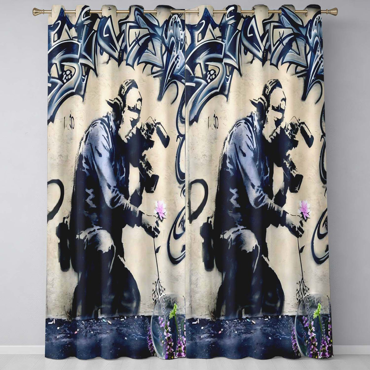 Monochrome Urban Photographer Floral Graffiti Bold Stylish Artwork for Home Decor Readymade Eyelet Ring Top Thermal 100% Blackout Curtains