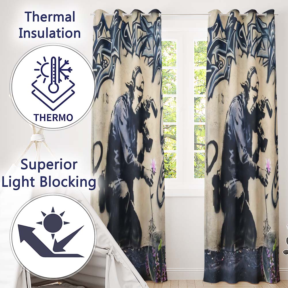 Monochrome Urban Photographer Floral Graffiti Bold Stylish Artwork for Home Decor Readymade Eyelet Ring Top Thermal 100% Blackout Curtains
