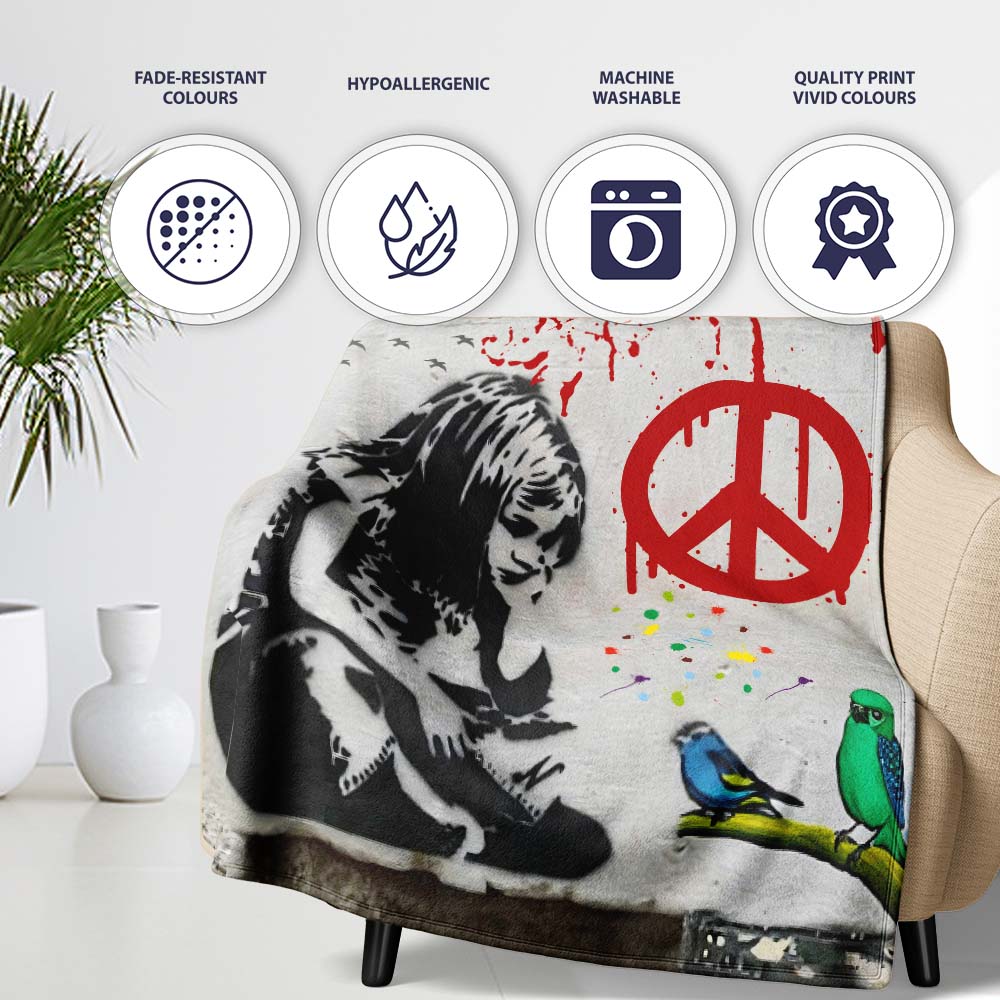 Red Peace Symbol Distressed Figure Graffiti, Bedroom Living Room Accent, Unique Artistic Design - Super Soft Fleece Blanket Bed Sofa Throw