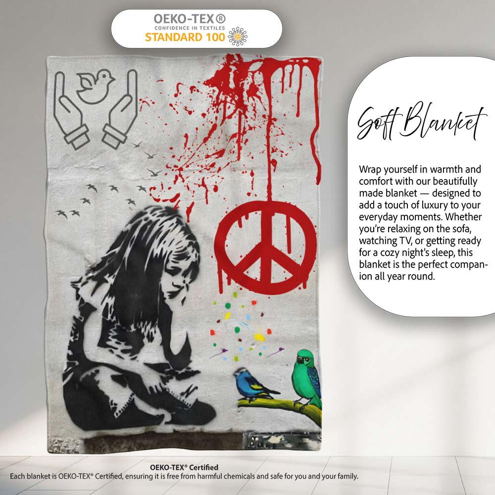Red Peace Symbol Distressed Figure Graffiti, Bedroom Living Room Accent, Unique Artistic Design - Super Soft Fleece Blanket Bed Sofa Throw