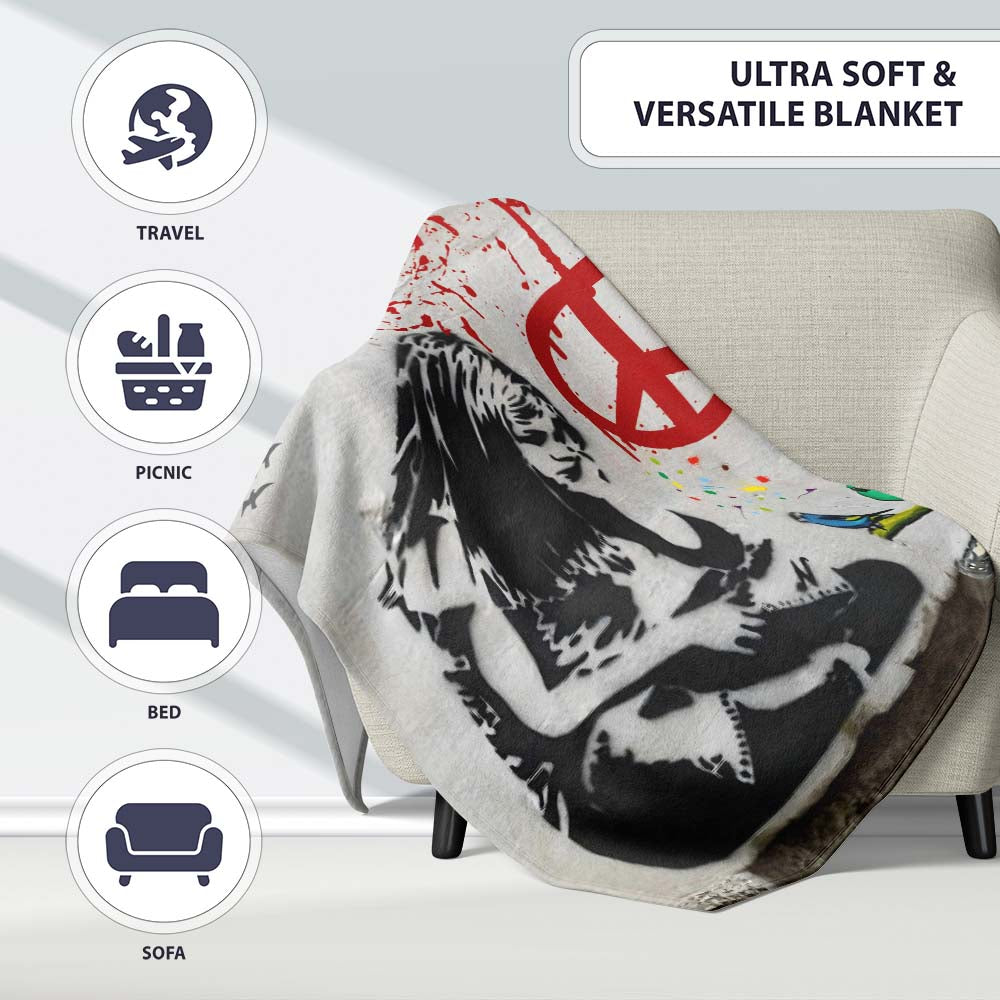 Red Peace Symbol Distressed Figure Graffiti, Bedroom Living Room Accent, Unique Artistic Design - Super Soft Fleece Blanket Bed Sofa Throw