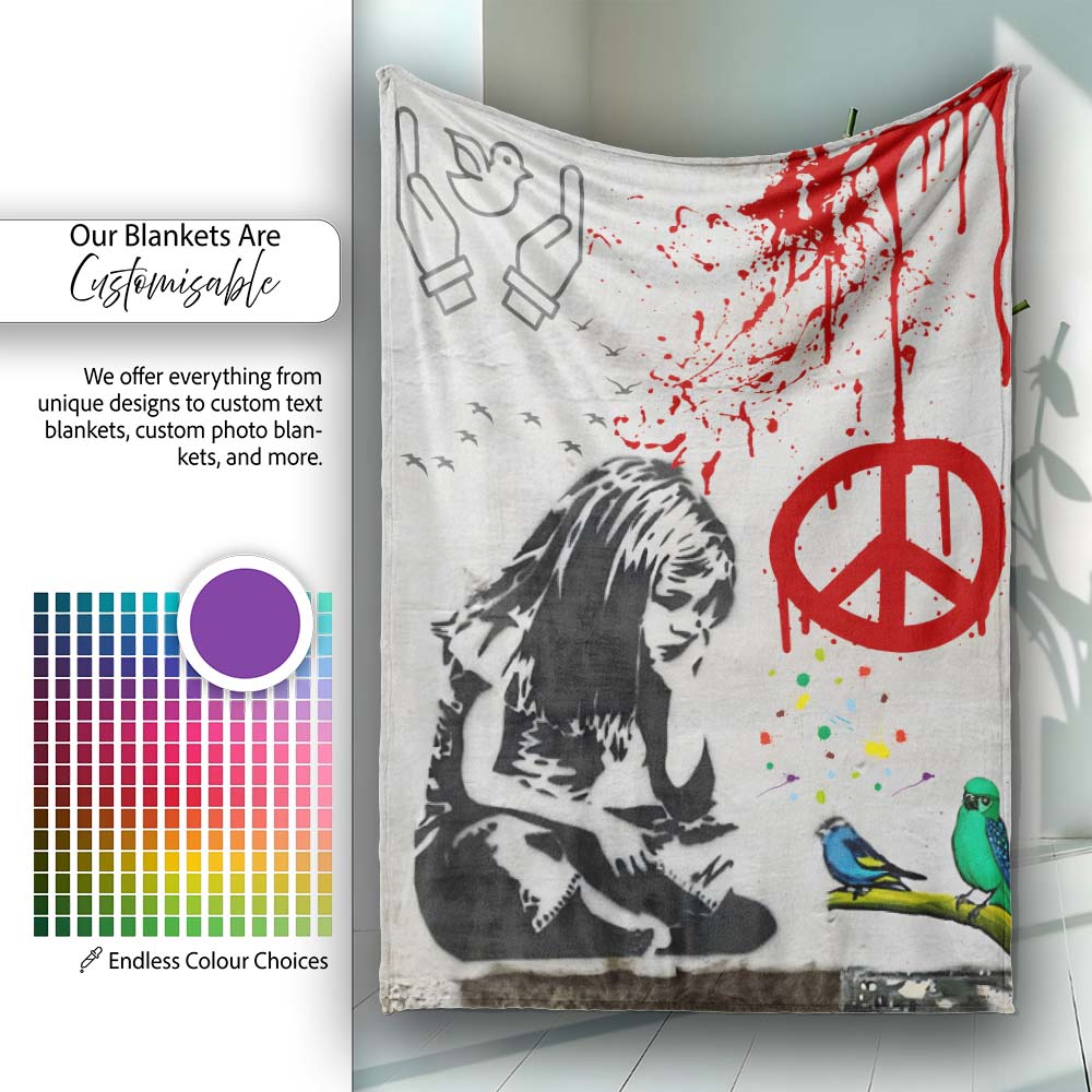Red Peace Symbol Distressed Figure Graffiti, Bedroom Living Room Accent, Unique Artistic Design - Super Soft Fleece Blanket Bed Sofa Throw