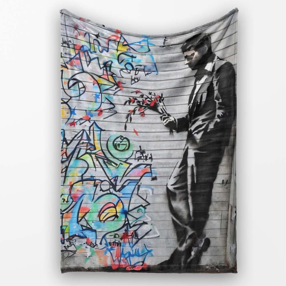 Man Holding Flowers Colourful Abstract Graffiti, Bedroom Living Room Accent, All Season Comfort - Super Soft Fleece Blanket Bed Sofa Throw