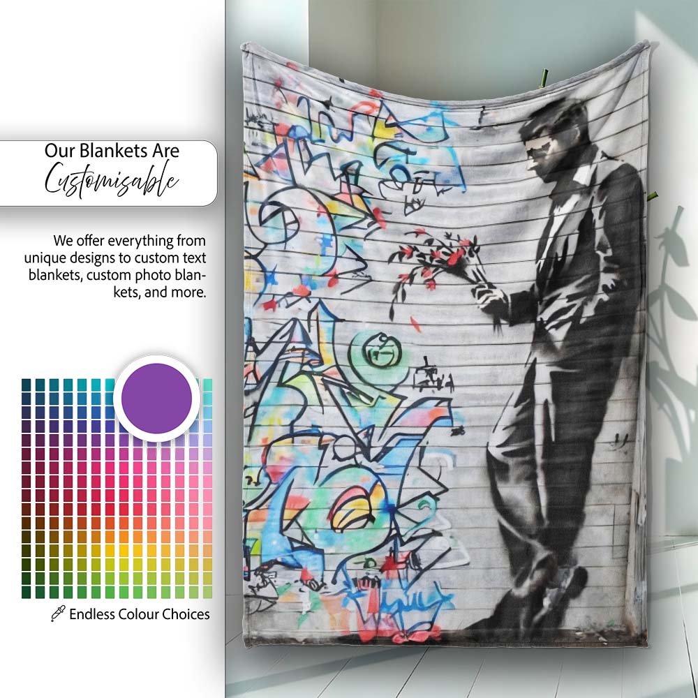 Man Holding Flowers Colourful Abstract Graffiti, Bedroom Living Room Accent, All Season Comfort - Super Soft Fleece Blanket Bed Sofa Throw