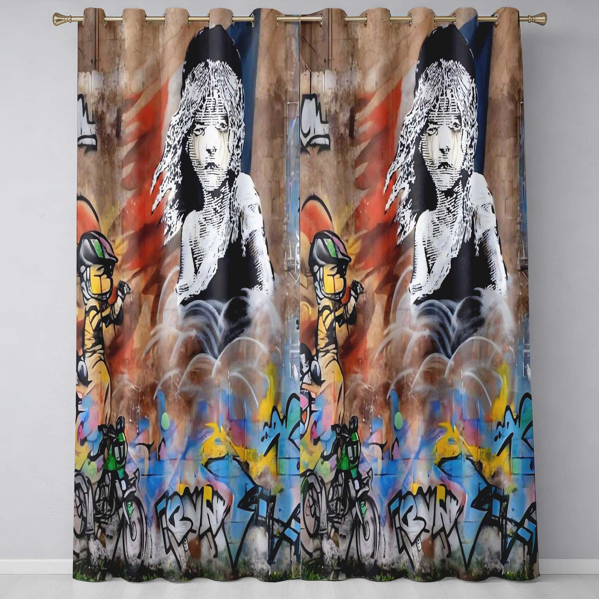 Seated Woman Cartoon Figures Urban Graffiti Distinctive Artwork for Bedroom Decor Readymade Eyelet Ring Top Thermal 100% Blackout Curtains