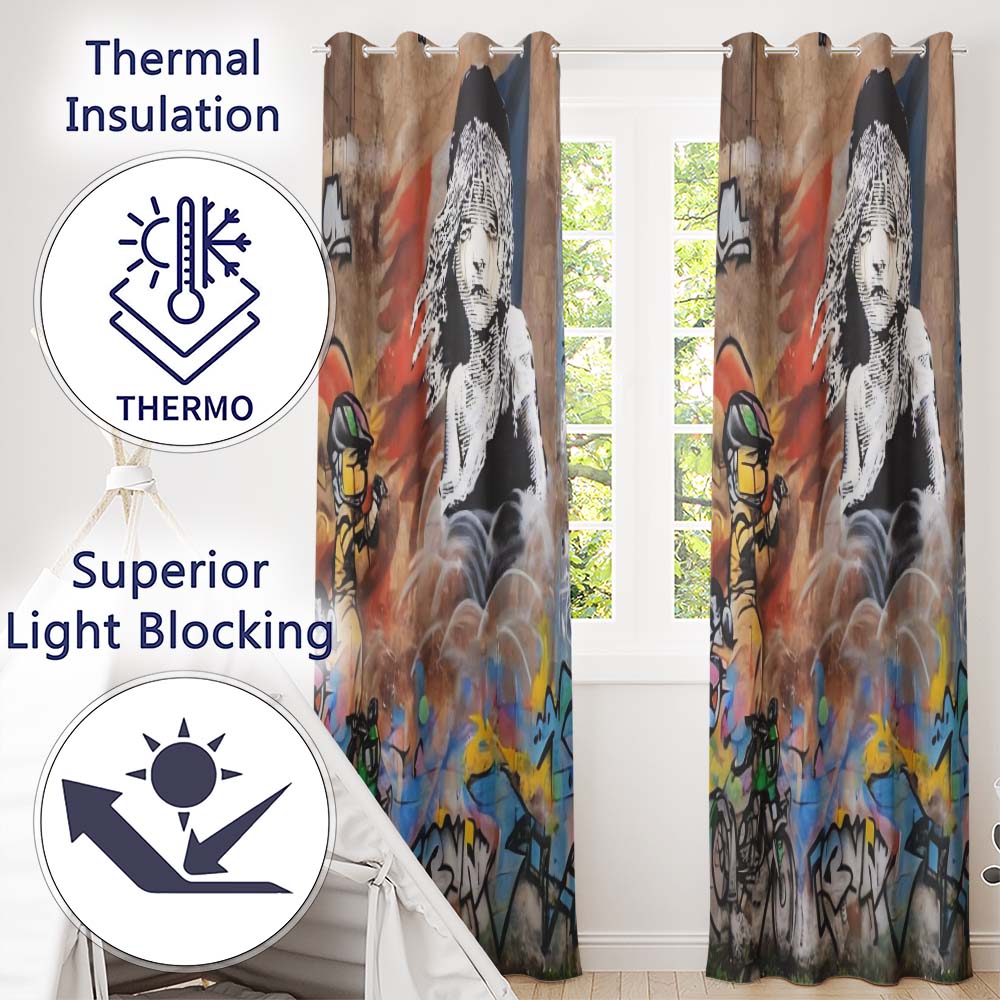 Seated Woman Cartoon Figures Urban Graffiti Distinctive Artwork for Bedroom Decor Readymade Eyelet Ring Top Thermal 100% Blackout Curtains