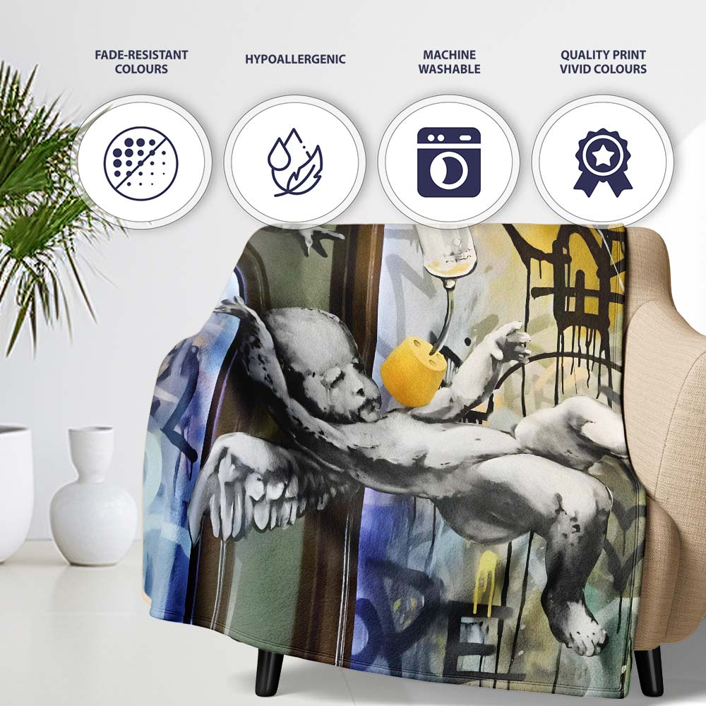 Monochrome Cherubs Plug and Peace Graffiti, Decorative Wall Art Style, Comfortable Everyday Use - Super Soft Fleece Blanket Bed Sofa Throw