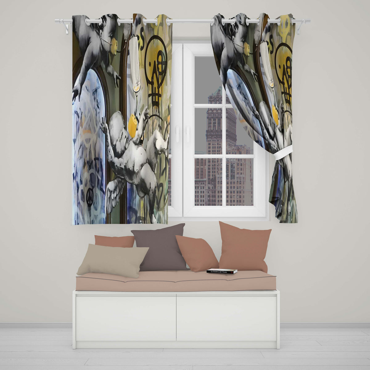 Monochrome Cherubs Plug and Peace Graffiti Contemporary Artwork for Bedroom Decor Readymade Eyelet Ring Top Thermal 100% Blackout Curtains