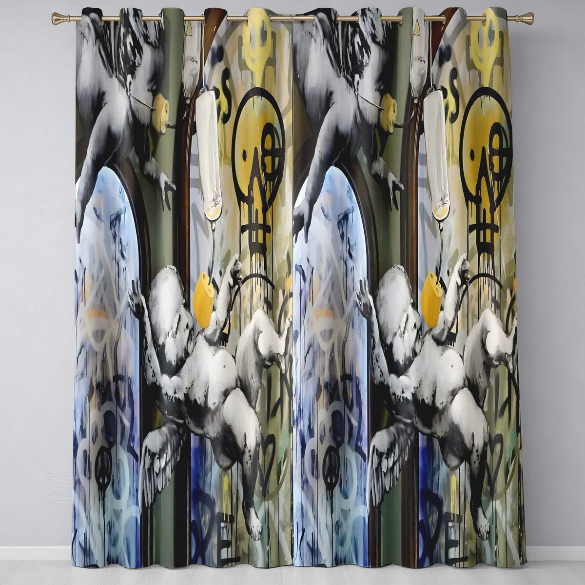 Monochrome Cherubs Plug and Peace Graffiti Contemporary Artwork for Bedroom Decor Readymade Eyelet Ring Top Thermal 100% Blackout Curtains